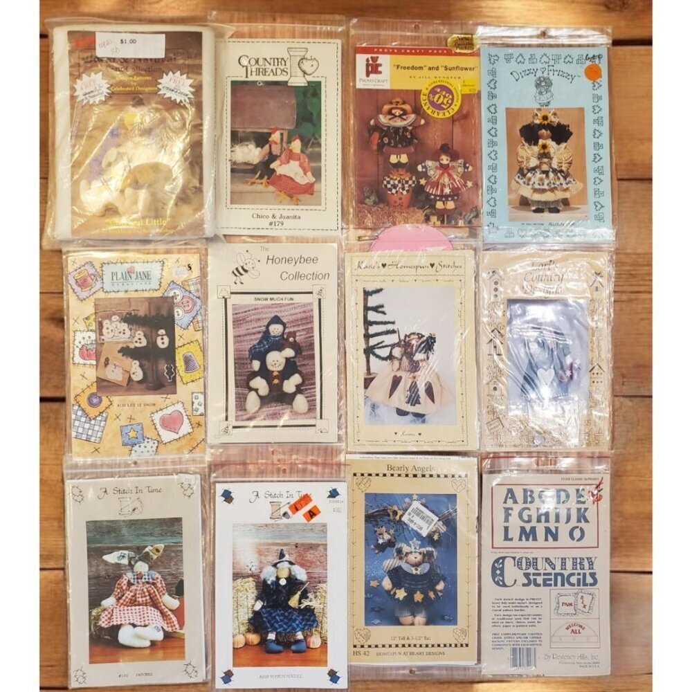 Lot Of 11 Vtg. Doll Patterns Bunny Snowmen Chickens Witch Bears Stensils‎ '90s